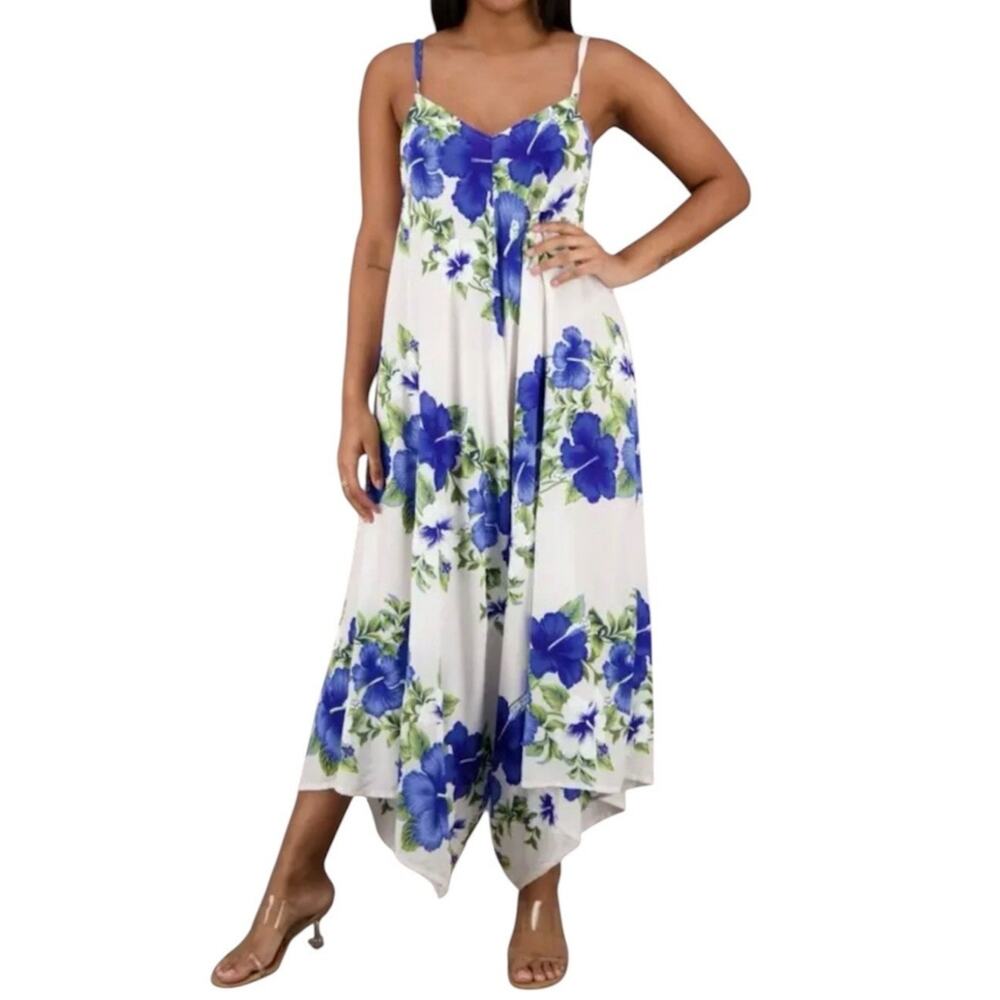 Advance Apparels White with Blue Floral Jumper / Romper, Women's Free Size